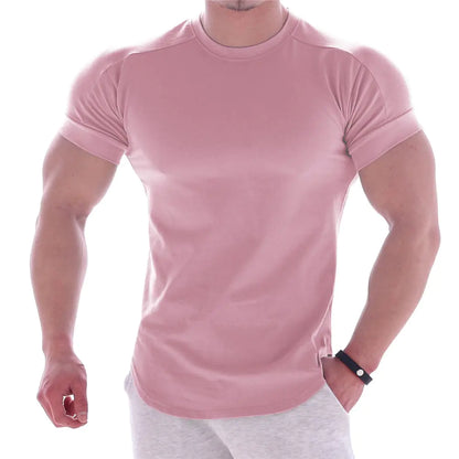 Men's premium athletic compression t-shirt in elegant pink, crafted from high-quality quick-dry milk silk, perfect for summer training.