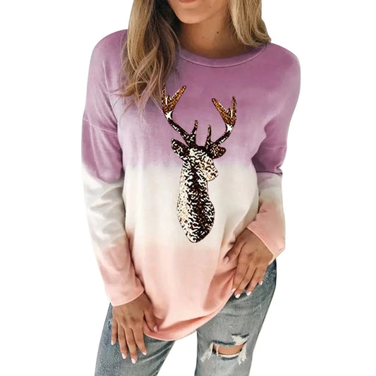 Elegant women's reindeer sweater showcasing a purple gradient design with a sparkling sequined deer, ideal for chic holiday celebrations.