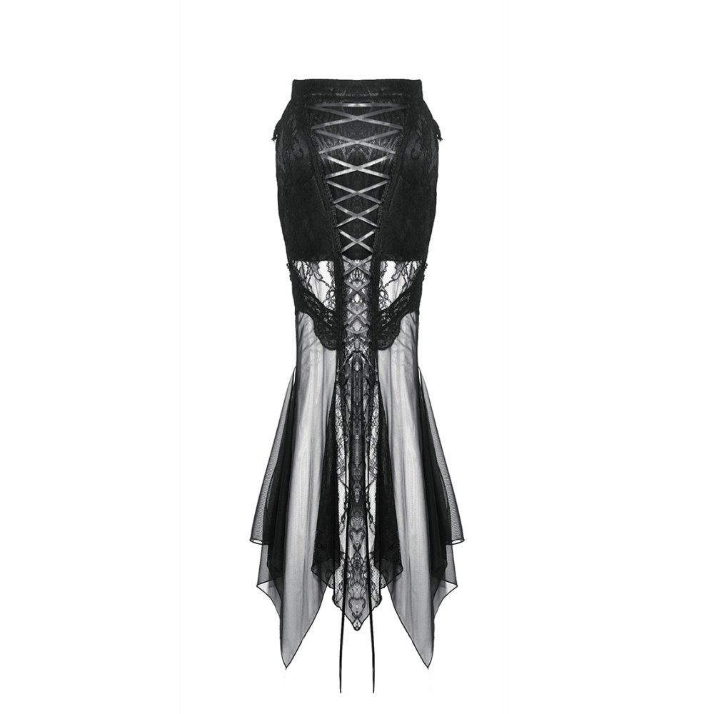 Dark in Love Nevaeh Gothic Skirt showcasing intricate lace and mesh details in an elegant mermaid silhouette.
