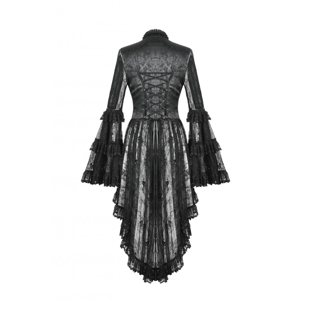 Luxurious black gothic heart-shaped hollow-out tailcoat featuring exquisite lace details and elegant bell sleeves.