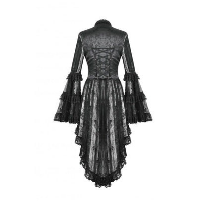 Luxurious black gothic heart-shaped hollow-out tailcoat featuring exquisite lace details and elegant bell sleeves.