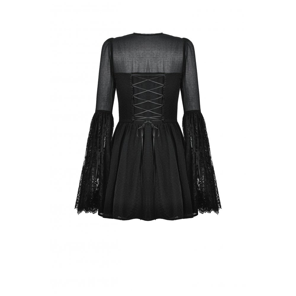 Model wearing Dark in Love Greta Lace-Up Mesh Dress, exuding an alluring gothic elegance, perfect for evening events.
