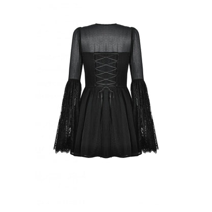 Model wearing Dark in Love Greta Lace-Up Mesh Dress, exuding an alluring gothic elegance, perfect for evening events.