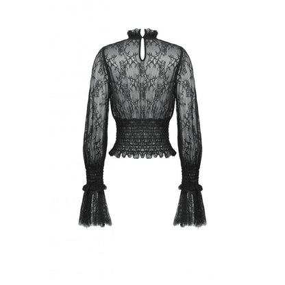 Detail of the elastic pleated waist and eyelash lace cuffs of the Aoife Black Lace Top, showcasing comfort and sophistication.