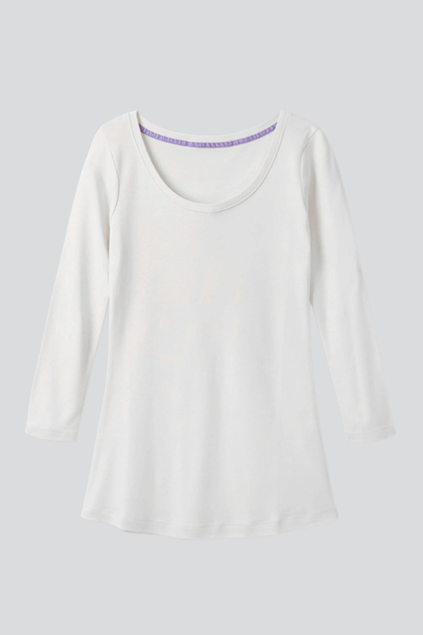 Close-up view of women's cotton modal blend scoop neck t-shirt, showcasing the soft fabric texture and flattering neckline.