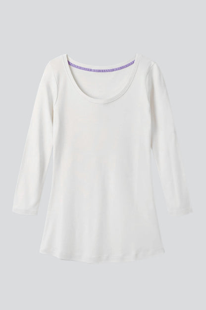 Close-up view of women's cotton modal blend scoop neck t-shirt, showcasing the soft fabric texture and flattering neckline.