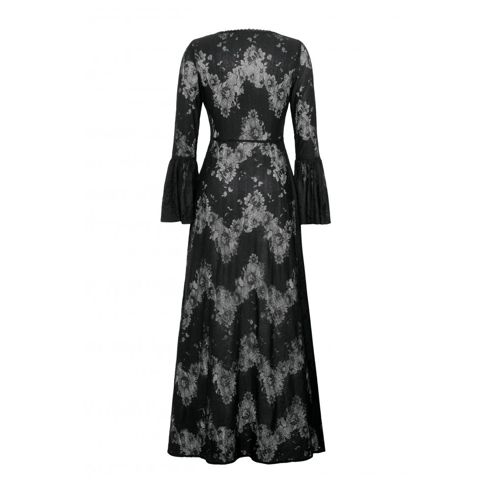 Emersyn Gothic Long Robe draped elegantly on a mannequin, highlighting its luxurious fabric and bell sleeves ideal for gothic fashion enthusiasts.