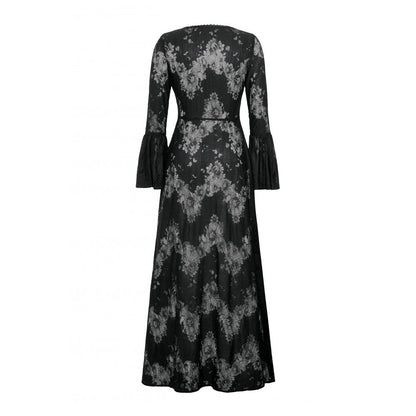 Emersyn Gothic Long Robe draped elegantly on a mannequin, highlighting its luxurious fabric and bell sleeves ideal for gothic fashion enthusiasts.