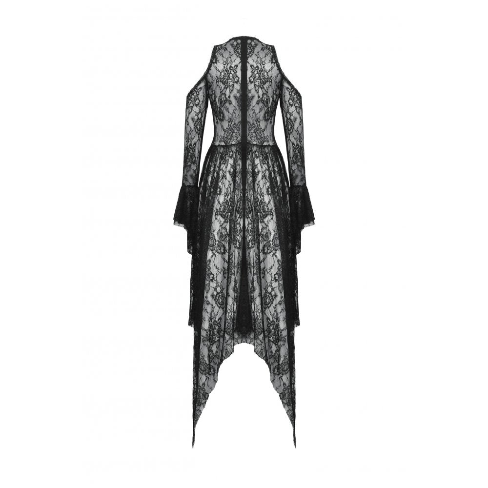 Elegant model showcasing the Carys Gothic Dress with asymmetrical design and ethereal lace for a standout evening look.