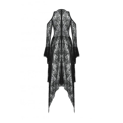 Elegant model showcasing the Carys Gothic Dress with asymmetrical design and ethereal lace for a standout evening look.