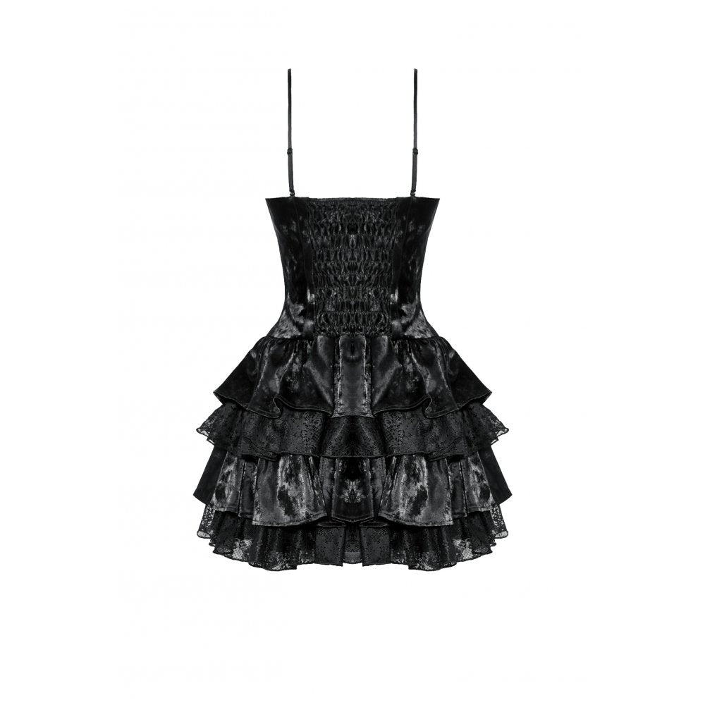 Full view of Harriet Punk Shiny PU Leather Layered Dress, emphasising its bold layered design and glamorous ruffles
