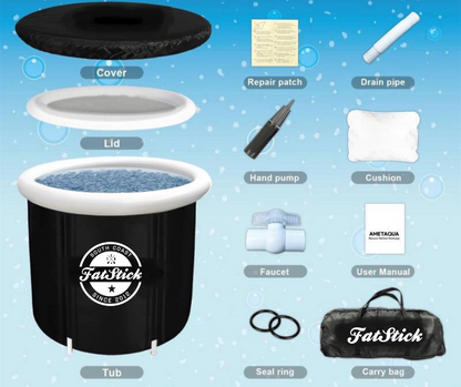 FatStick Portable Ice Bath with pristine lid, ideal for home recovery, emphasizing its high-quality material and stylish appearance.