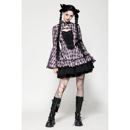 Dramatic bell sleeves of the Dark In Love Ellery dress elegantly cascading, enhancing the grandeur of the pink butterfly print for a striking fashion statement.