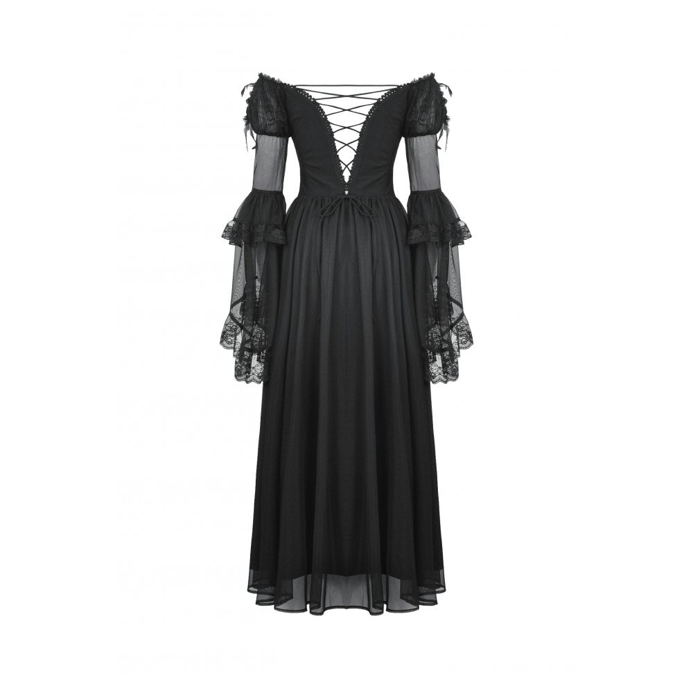 Side view of the Dark in Love Millicent Black Tulle Dress with corset silhouette and sheer bell sleeves, ideal for vintage-inspired elegance.