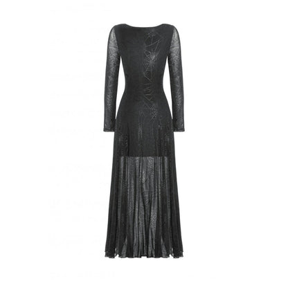 Elegant gothic dress featuring a sheer strappy top with intricate spider web print, perfect for a dramatic, luxurious look.