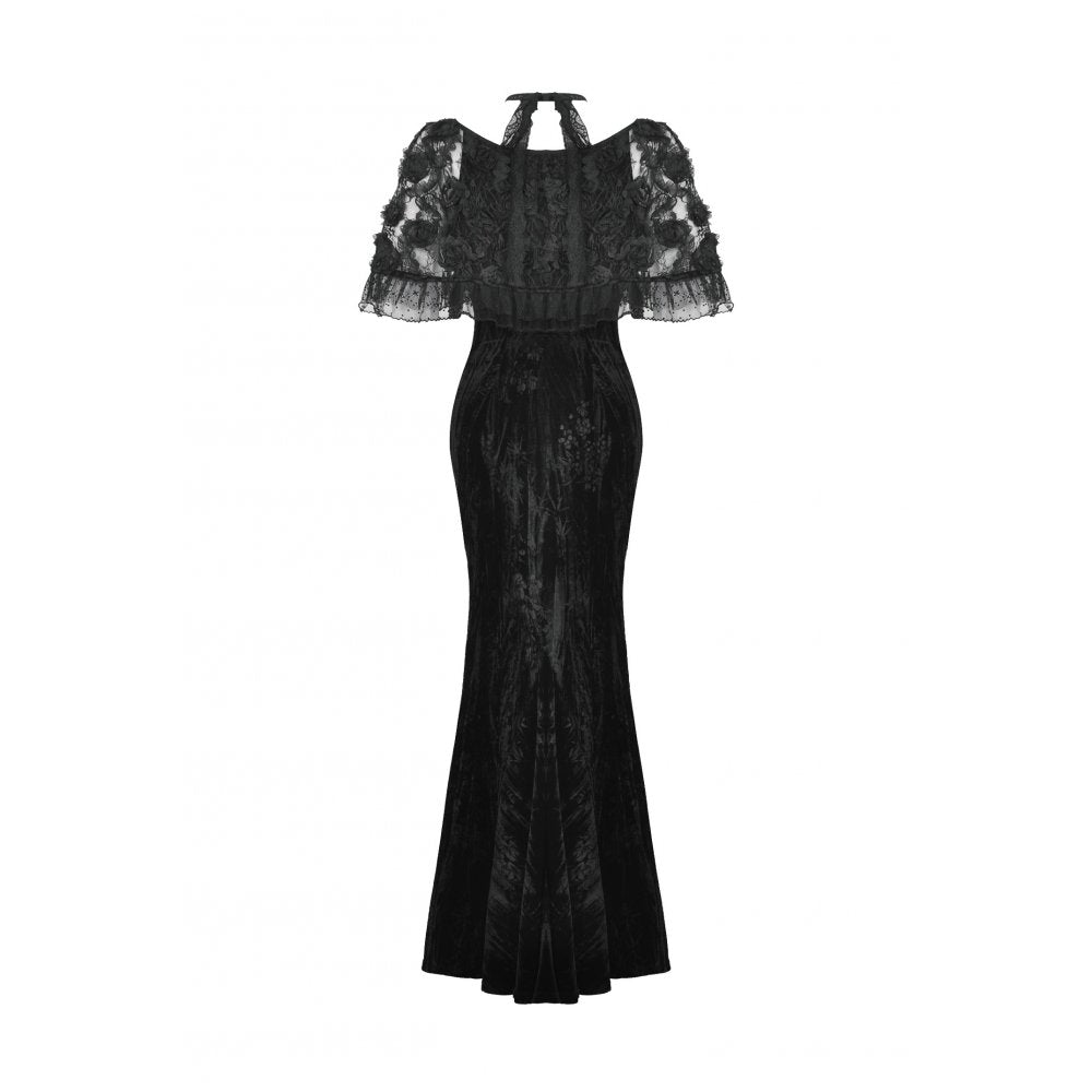 Model wearing the Dark in Love Alazne Dark Rose Layered Mermaid Maxi Dress, exuding gothic elegance suitable for special occasions.