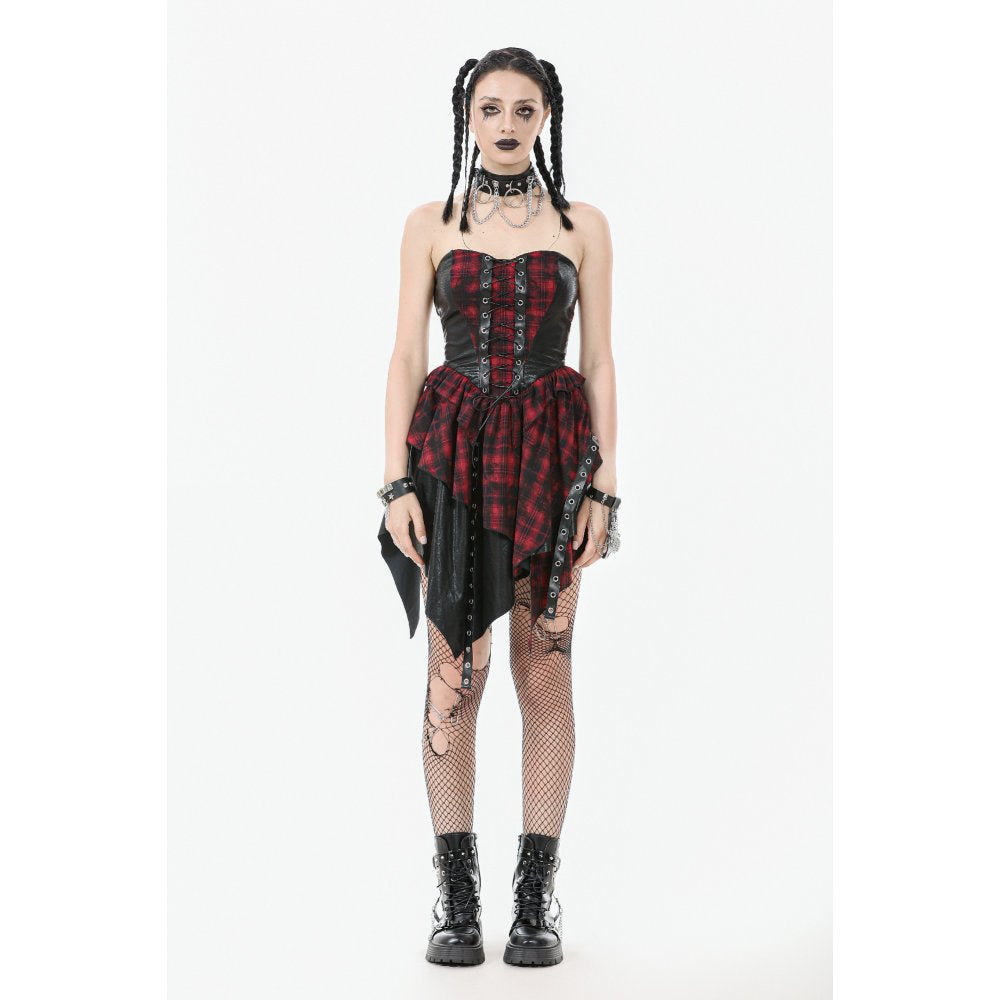 Stylish display of the handkerchief hem of the Dark In Love Red Tartan Punk Dress, accentuating the rebellious flair and dramatic movement ideal for fashion-forward occasions.