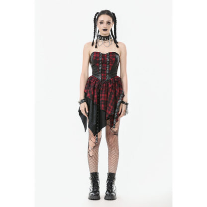 Stylish display of the handkerchief hem of the Dark In Love Red Tartan Punk Dress, accentuating the rebellious flair and dramatic movement ideal for fashion-forward occasions.
