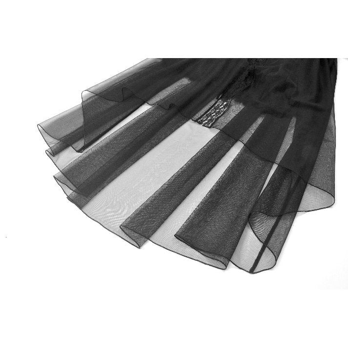 The fitted bodice and sheer waist panel of the Dark in Love Gothic Dress, displaying a blend of sophistication and ethereal romance in gothic fashion.