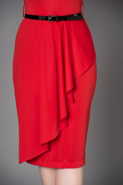 Elegant Timeless London Katie Red Polyester Dress with V-Neckline and Chic Quarter Sleeves showcased on a mannequin, featuring a flowing silhouette and sleek black belt with silver buckle.