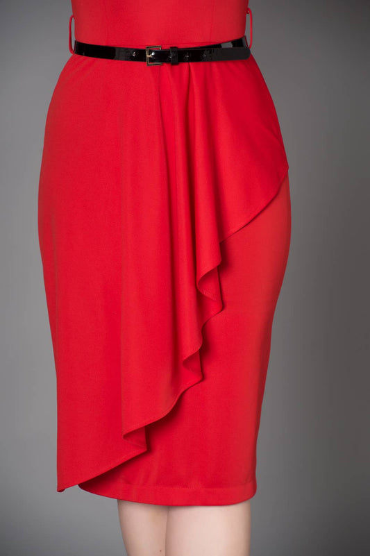 Elegant Timeless London Katie Red Polyester Dress with V-Neckline and Chic Quarter Sleeves showcased on a mannequin, featuring a flowing silhouette and sleek black belt with silver buckle.