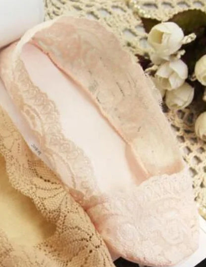 Dazzling Dreams Studio's no slip lace socks elegantly displayed with various footwear, demonstrating their invisible design and versatility for everyday use.