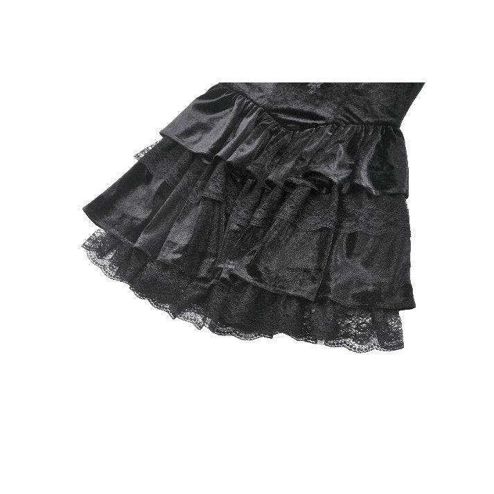 Elegant black velvet goth dress with ruffled lace and sweetheart neckline from Dark in Love, perfect for vintage romantic occasions.