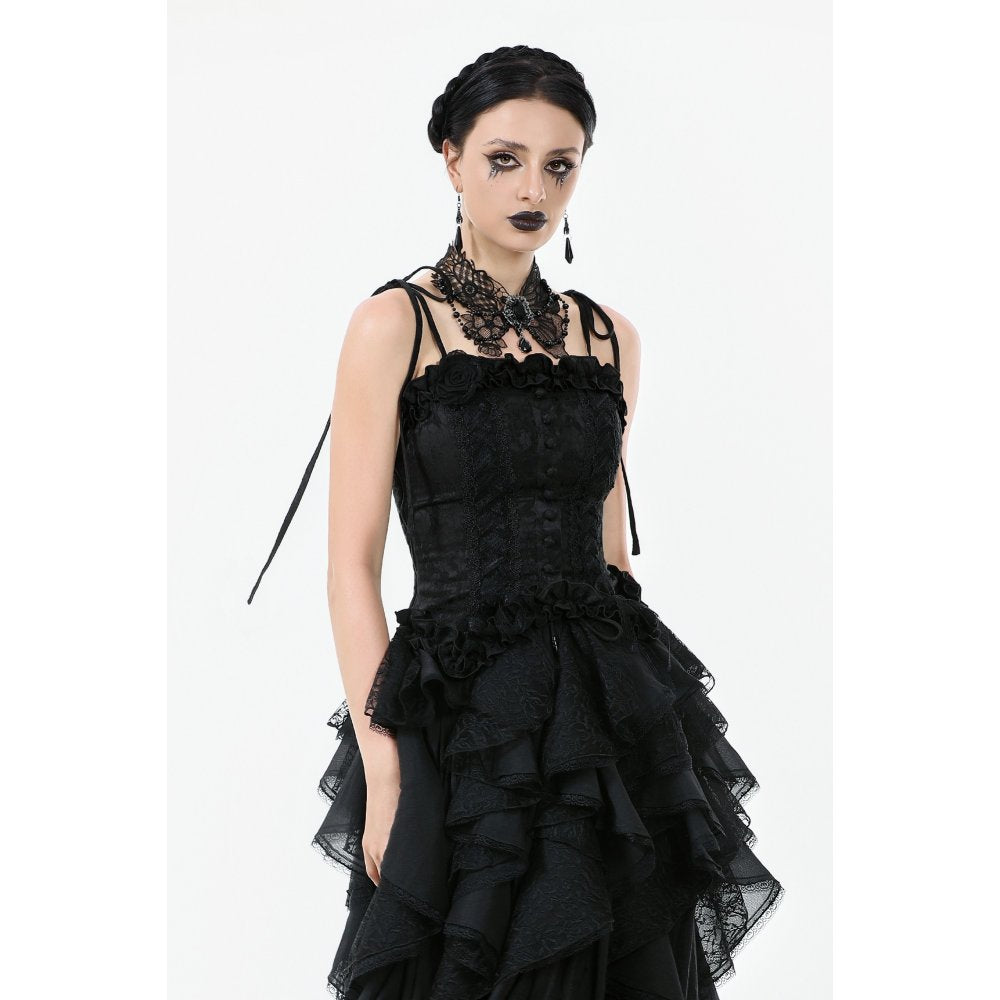 Lace-up back detail of the Dark in Love Selene Floral Jacquard Corset Top, revealing structured bodice and silhouette-enhancing design for a touch of gothic opulence.