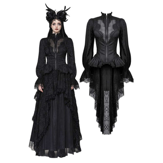 Elegant Felicity Gothic Tailcoat Shirt showcasing intricate lace detail and a sheer bust panel, designed by Dark in Love.