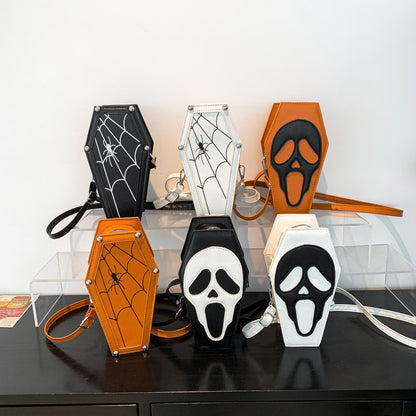 Elegant collection of Halloween Coffin-shape Shoulder Bags in various gothic styles, showcasing unique spider web patterns and ghost motifs.