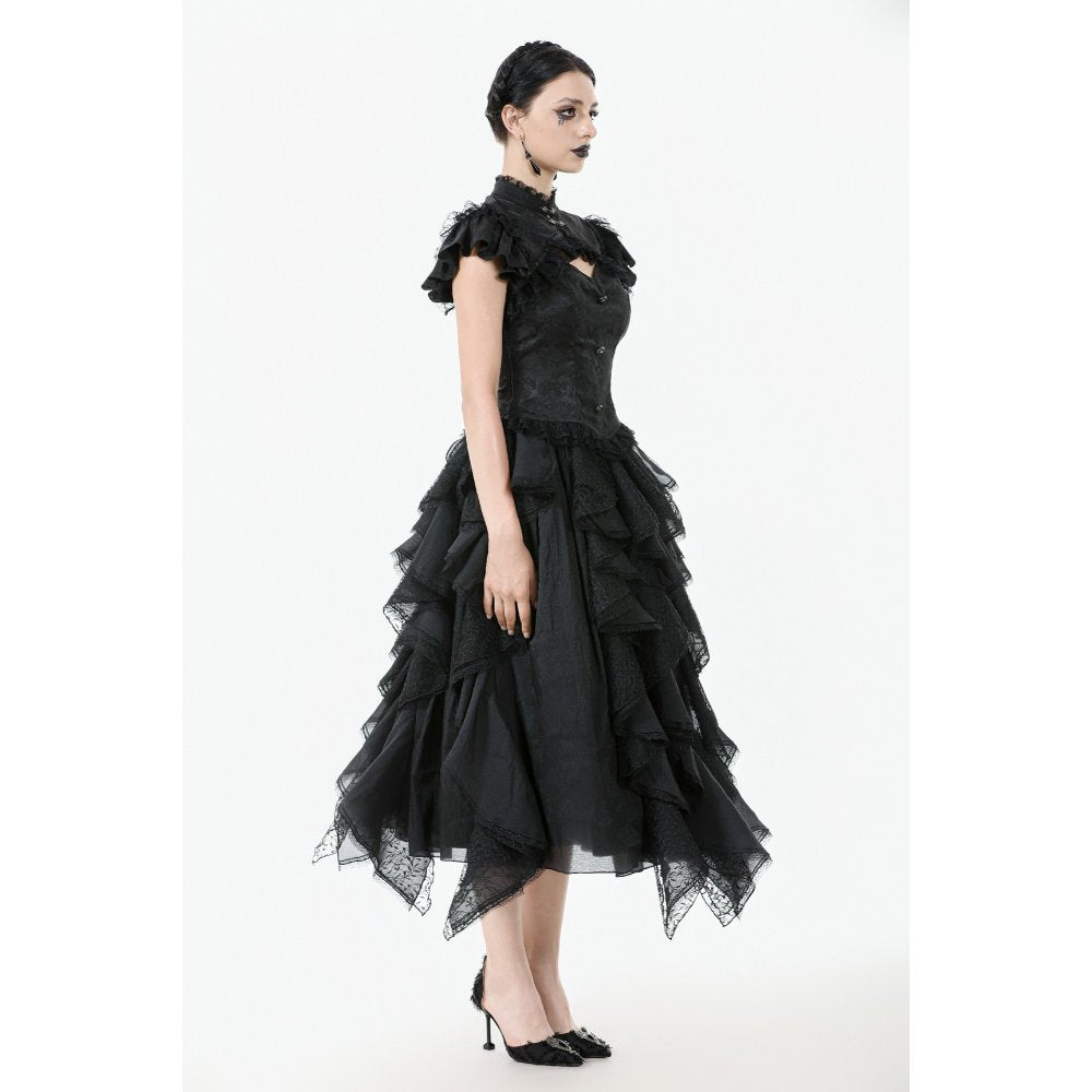 Elegant black goth top showcasing a seductive off-shoulder design with delicate lace ruffles and adjustable waist tie.