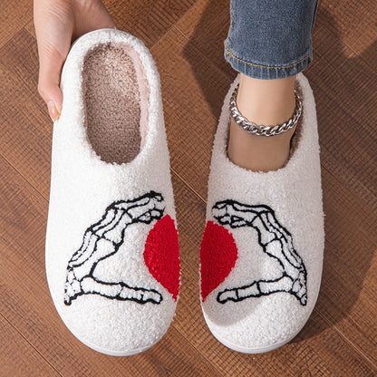 Luxurious Love white hand-crafted slippers, highlighting soft cotton texture and striking hand and heart motifs, ideal for lounging in luxury.