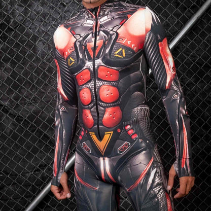 Luxury Halloween New Tights 3D Digital Printing Cosplay One-piece Play Costume featuring a striking design with detailed muscular prints and vibrant colours, modelled by a man against an artistic background.
