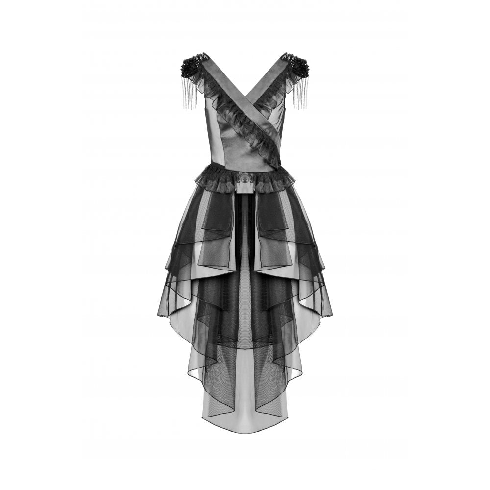 Dark in Love Seraphina Gothic Tiered Mesh Ruffle Dress showcasing an elegant fitted bodice with intricate crisscross ruffle trim and stud adorned shoulders.
