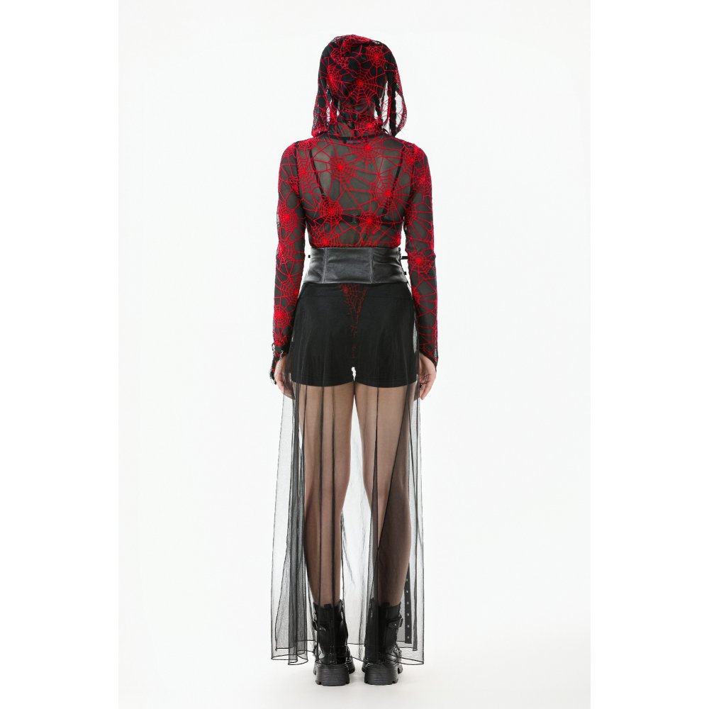 Elegant high-waisted Dark in Love Gothic sheer mesh maxi skirt featuring a luxurious PU corset belt with eyelet detailing and dramatic flowing panels.