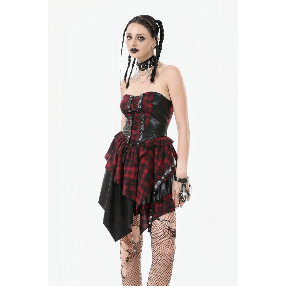 Elegant Dark in Love red tartan corset punk dress with black faux leather accents, showcased in a dramatic pose.