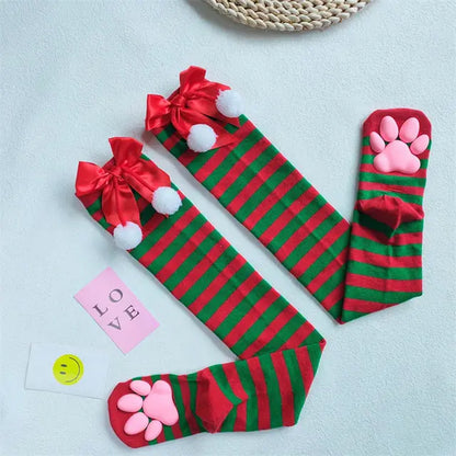 Festive green and red striped Playful Lolita 3D Cat Claw Compression Stockings for Women, featuring delightful bows and kitten paw prints for a playful touch.