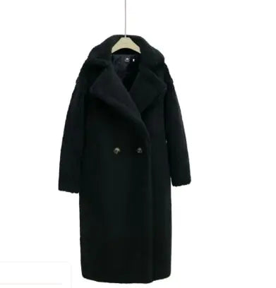 Long Winter Cashmere Lamb Winter Coat in stylish grey, a fashionable and warm choice for winter.