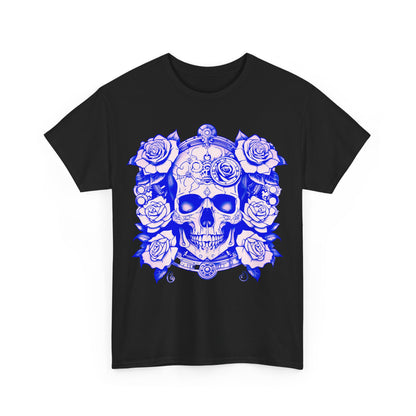 Front view of the Skulls and Roses Cotton Tee in black, featuring the artistic steampunk design with striking skulls and roses, perfect for alternative fashion.