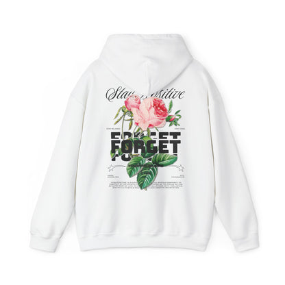 Elegant white hoodie featuring a bold floral design with the words 'Stay Positive' and 'Forget Your Problems' prominently displayed on the back, embodying a luxurious aesthetic.