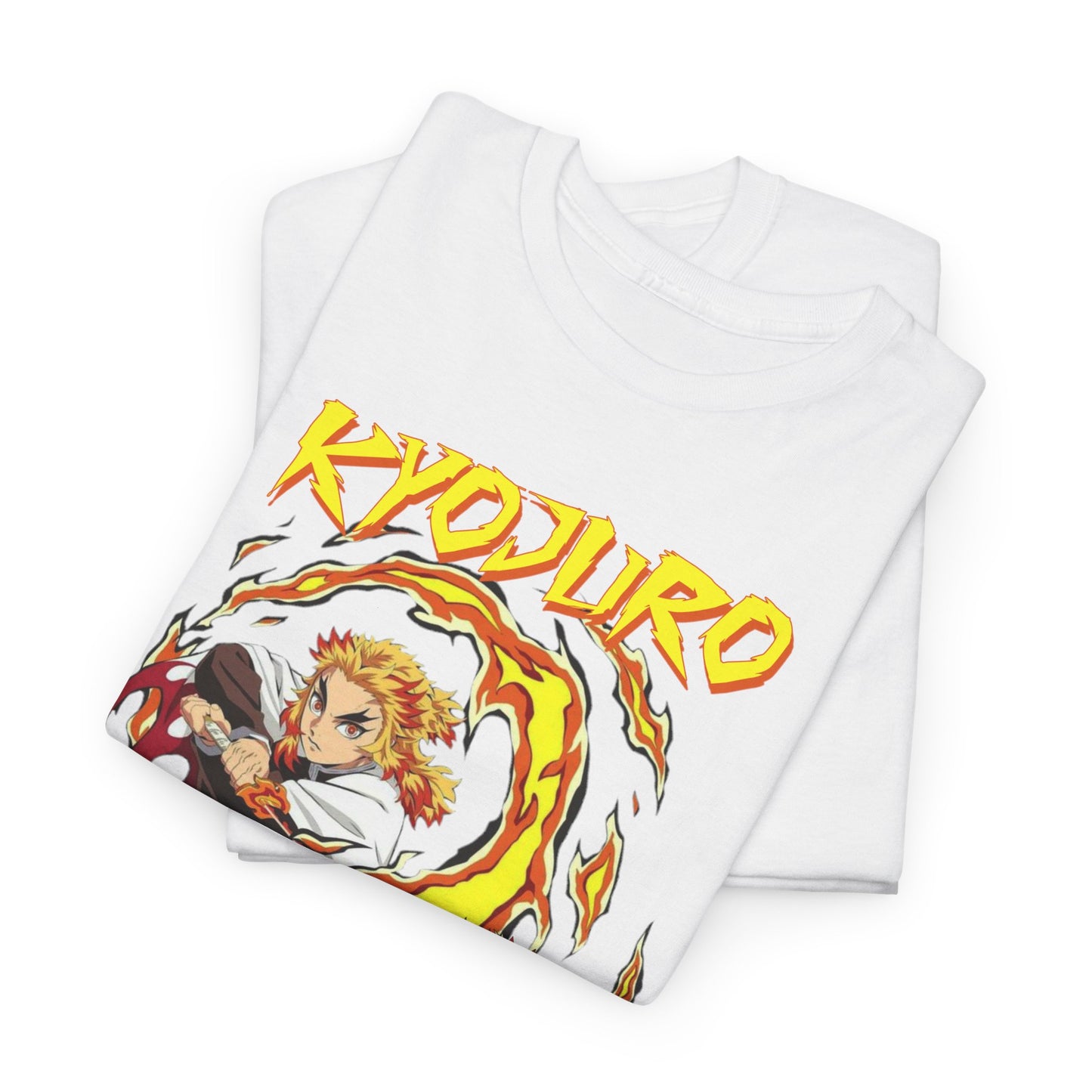 Luxurious Kyojuro Rengoku anime t-shirt featuring a vibrant fire flame design, elegantly folded, perfect for stylish anime enthusiasts.