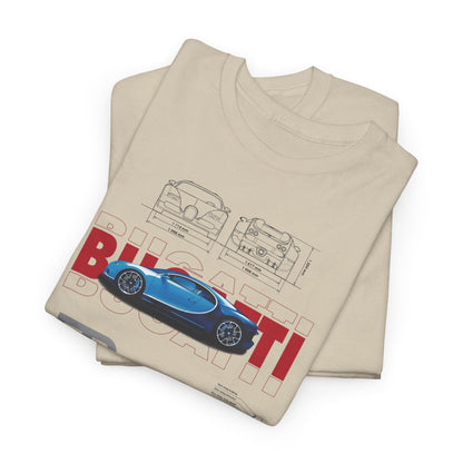 Stylish Bugatti Chiron men's t-shirt folded, highlighting intricate design elements and measurements of the iconic supercar, ideal for discerning car lovers.