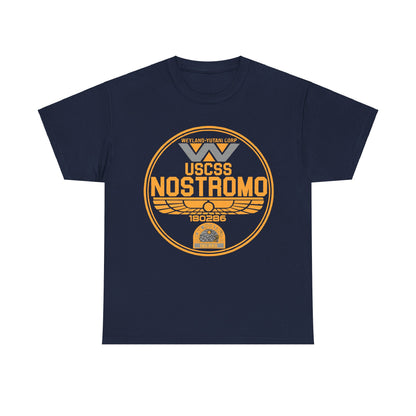 USCSS Nostromo Graphic Unisex Tee Shirt in rich navy, featuring the Nostromo logo, a luxurious addition for sci-fi collectors.