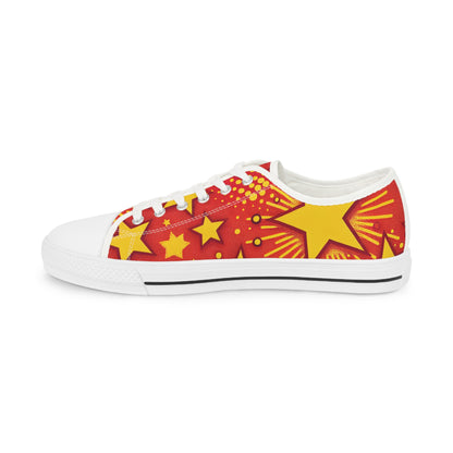 Side view of Stormy Boltson Men's Lowtop Sneakers, displaying their luxurious vibrant pop art design in red and yellow stars, ideal for a bold fashion statement.