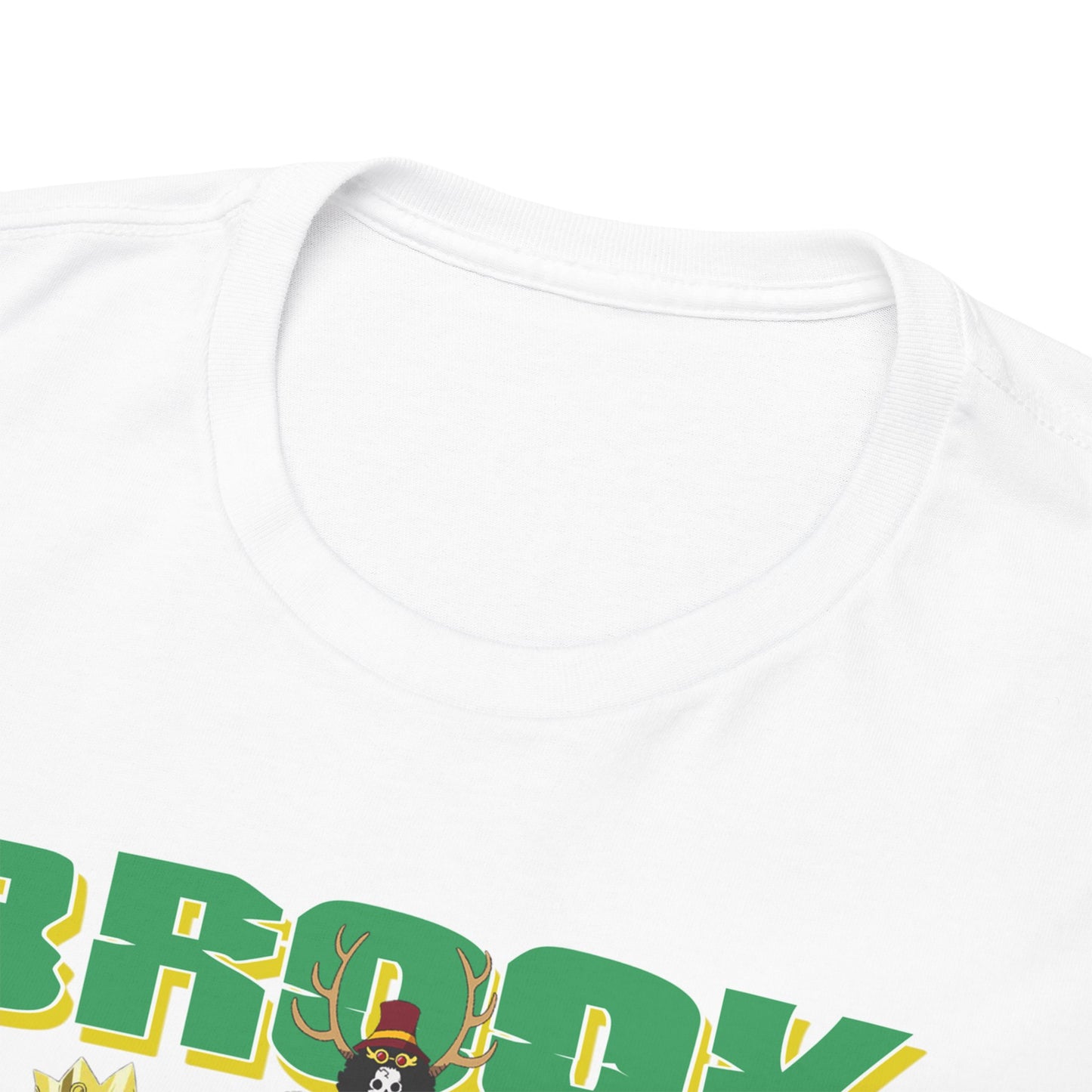 Detail of the Brook anime t-shirt collar, highlighting the premium quality and craftsmanship of the fabric in a luxurious white finish.