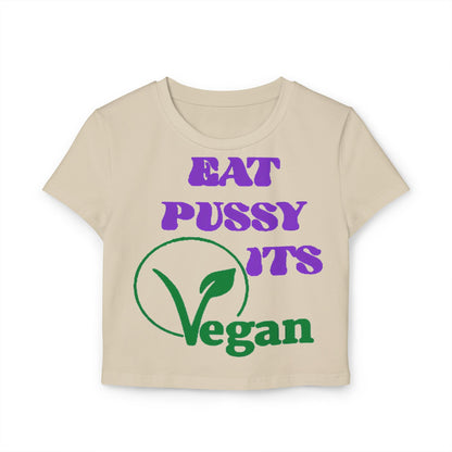 Chic cropped t-shirt for women featuring a playful and humorous vegan design with bold purple and green typography, perfect for expressing a fun-loving spirit.