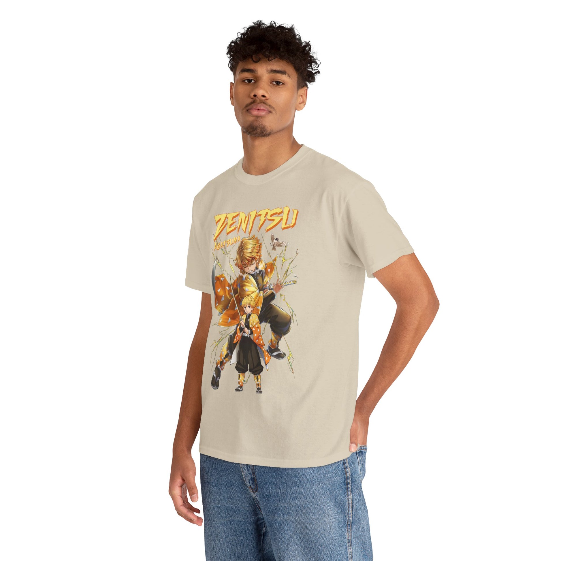 Vibrant Tanjiro Kamado t-shirt displayed by model, featuring dynamic anime design in stunning colour palette, perfect for fashion-forward anime enthusiasts.