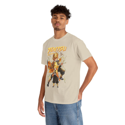 Vibrant Tanjiro Kamado t-shirt displayed by model, featuring dynamic anime design in stunning colour palette, perfect for fashion-forward anime enthusiasts.