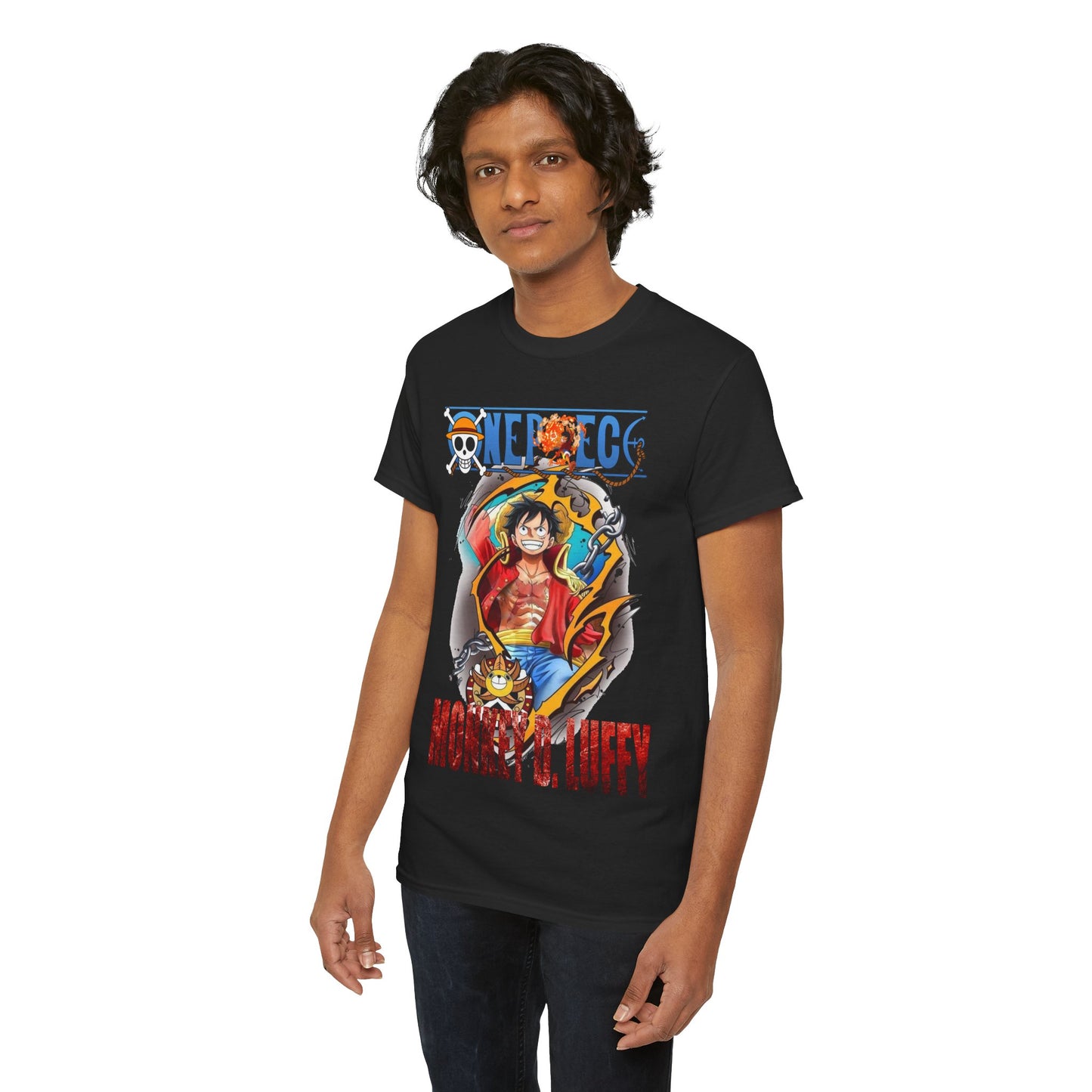 Stylish Monkey D. Luffy T-Shirt displayed on model, showcasing premium quality fabric and eye-catching details for discerning fans.