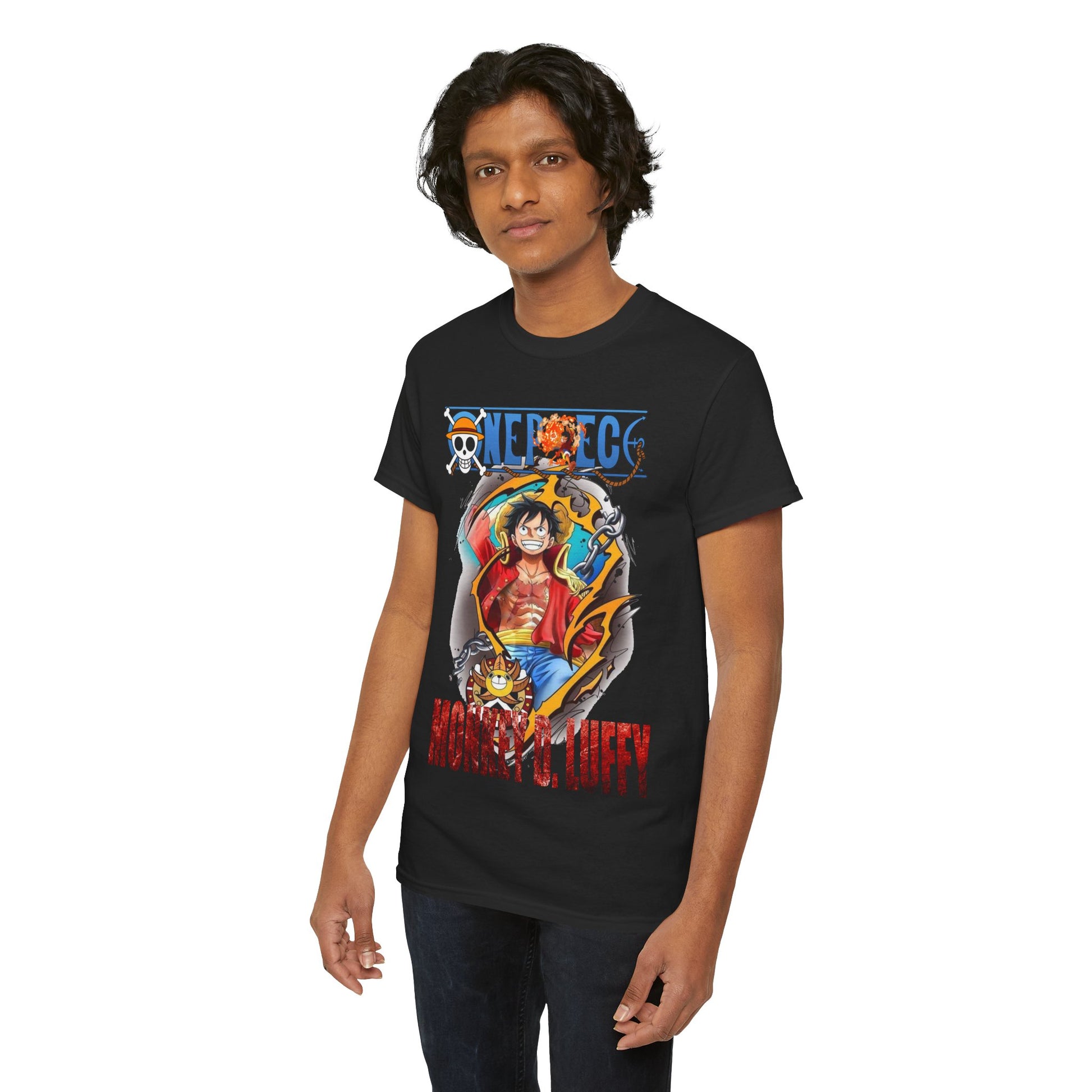 Stylish Monkey D. Luffy T-Shirt displayed on model, showcasing premium quality fabric and eye-catching details for discerning fans.